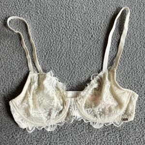 Victoria's Secret PINK Bra 36D Sheer Lace Embroidery Underwire Full White 36 D